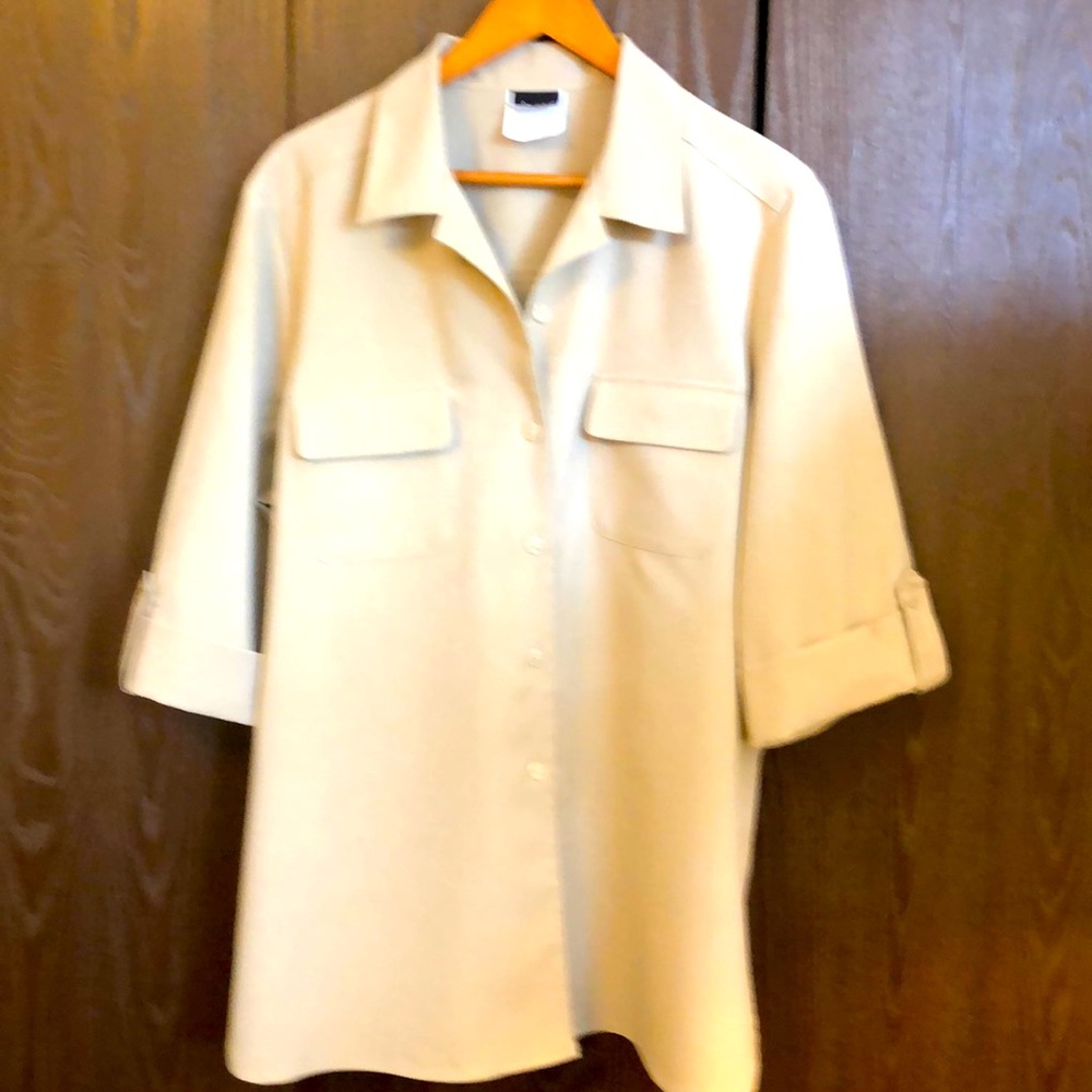 RAFIQUE NWOT LARGE WOMEN’S BEIGE DRESS SHIRT POCKETS ROLLUP SLEEVES - #114